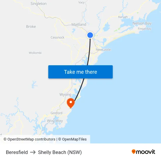 Beresfield to Shelly Beach (NSW) map