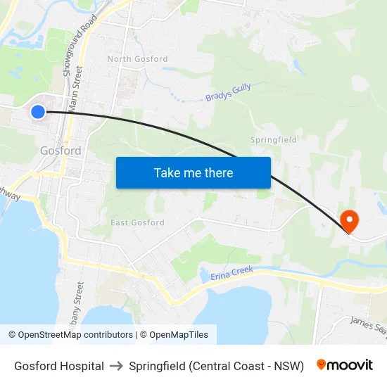 Gosford Hospital to Springfield (Central Coast - NSW) map