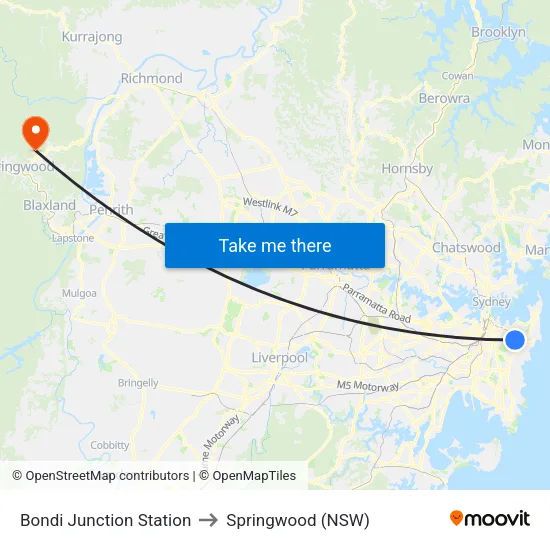 Bondi Junction Station to Springwood (NSW) map
