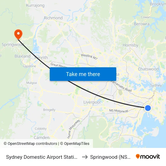 Sydney Domestic Airport Station to Springwood (NSW) map