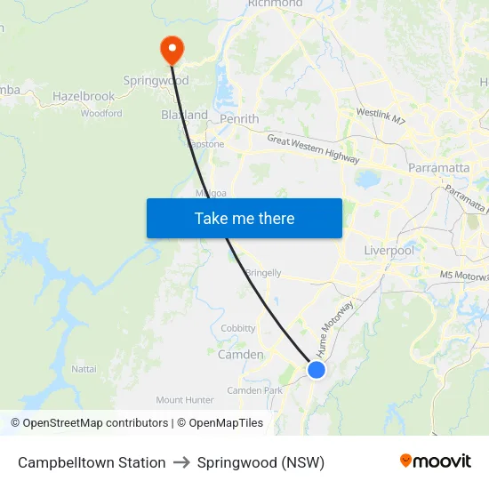 Campbelltown Station to Springwood (NSW) map