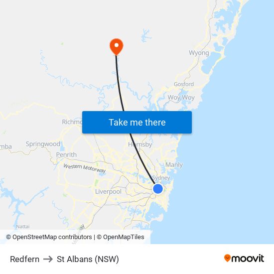 Redfern to St Albans (NSW) map