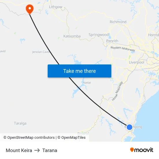 Mount Keira to Tarana map