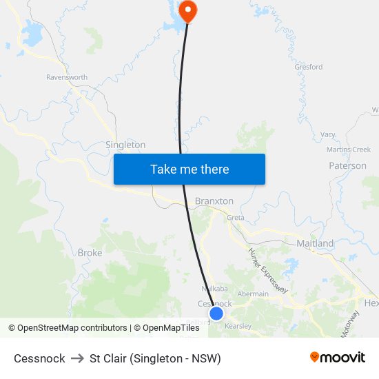 Cessnock to St Clair (Singleton - NSW) map