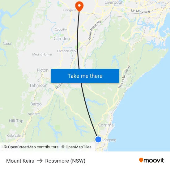 Mount Keira to Rossmore (NSW) map