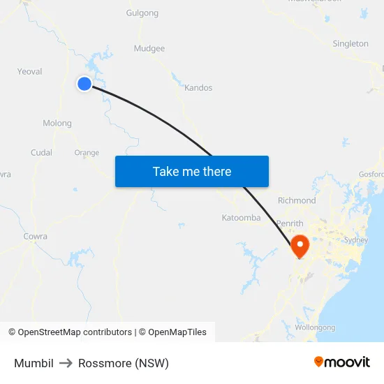 Mumbil to Rossmore (NSW) map
