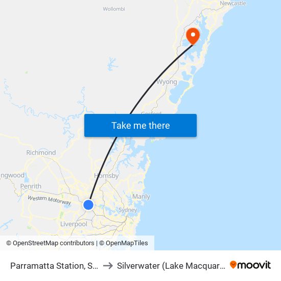 Parramatta Station, Stand A2 to Silverwater (Lake Macquarie - NSW) map