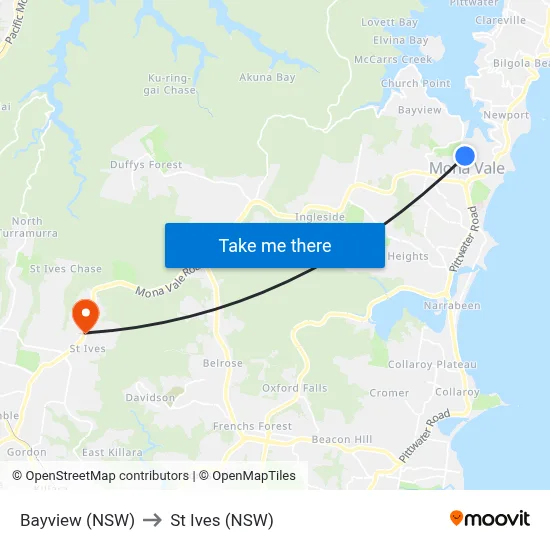 Bayview (NSW) to St Ives (NSW) map