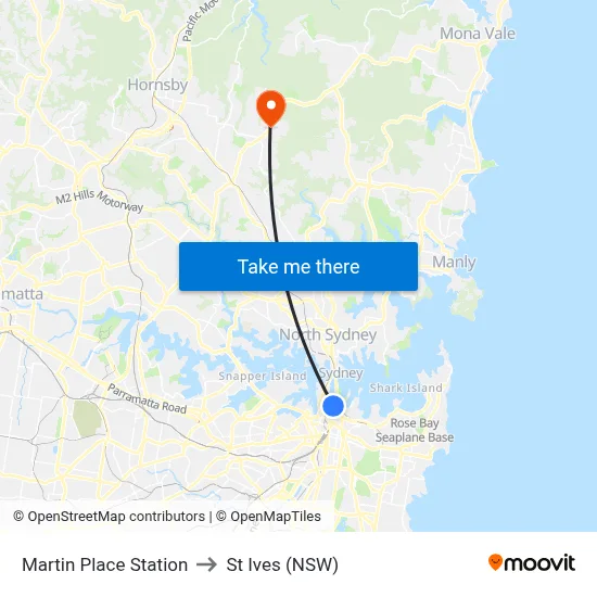 Martin Place Station to St Ives (NSW) map