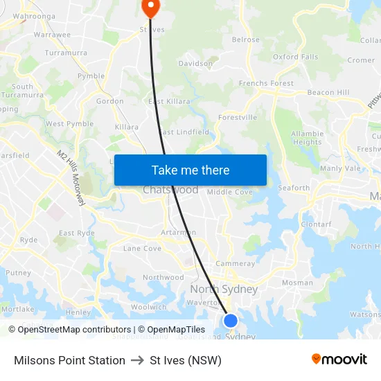 Milsons Point Station to St Ives (NSW) map