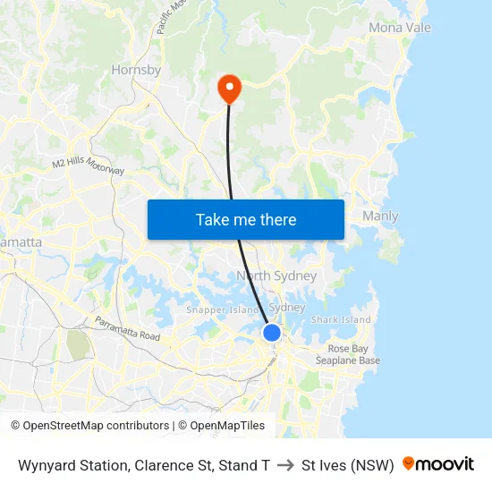 Wynyard Station, Clarence St, Stand T to St Ives (NSW) map