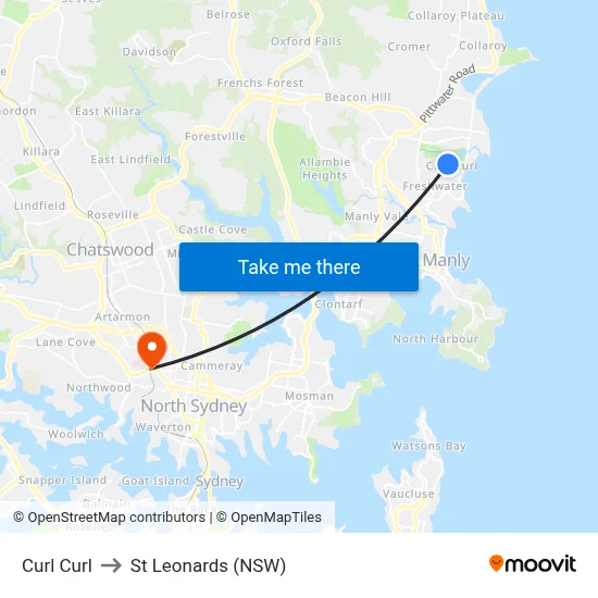 Curl Curl to St Leonards (NSW) map