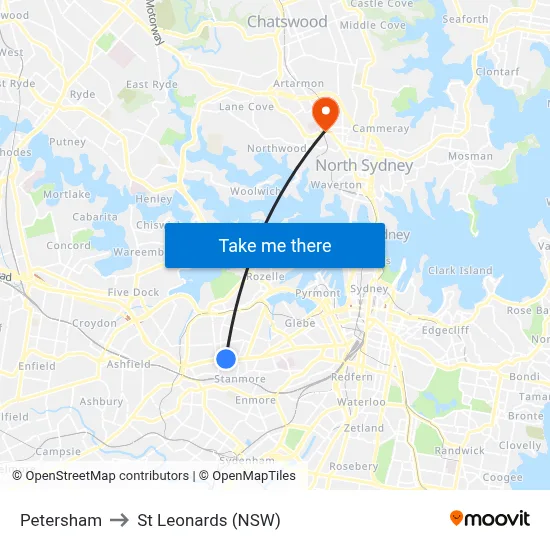 Petersham to St Leonards (NSW) map