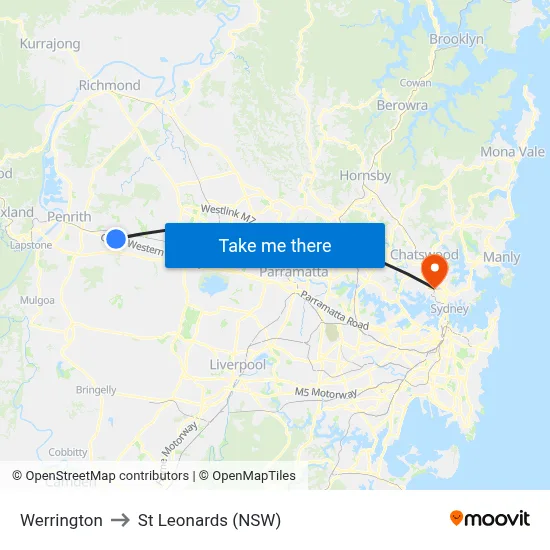 Werrington to St Leonards (NSW) map
