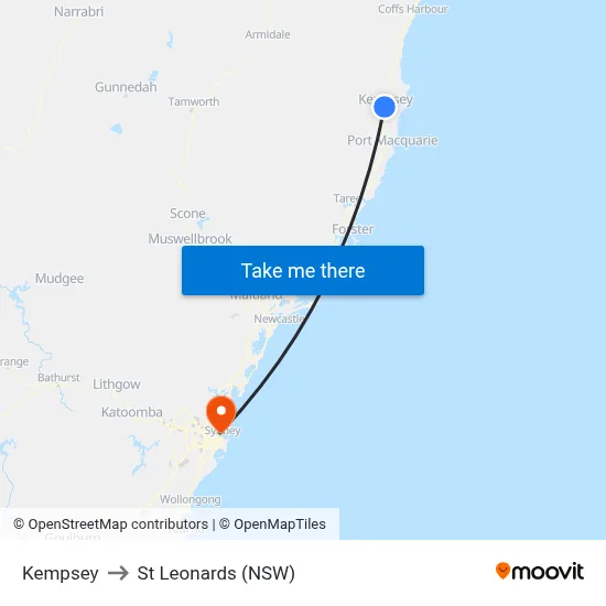 Kempsey to St Leonards (NSW) map