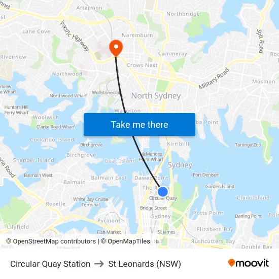 Circular Quay Station to St Leonards (NSW) map