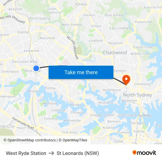 West Ryde Station to St Leonards (NSW) map