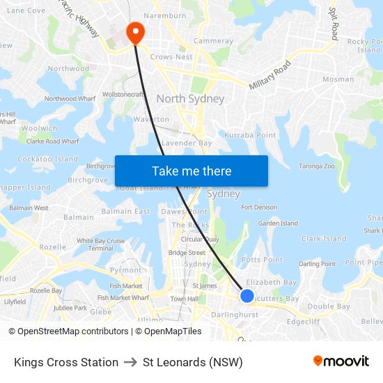 Kings Cross Station to St Leonards (NSW) map