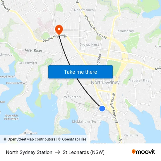 North Sydney Station to St Leonards (NSW) map