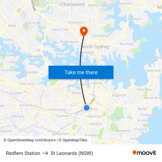 Redfern Station to St Leonards (NSW) map