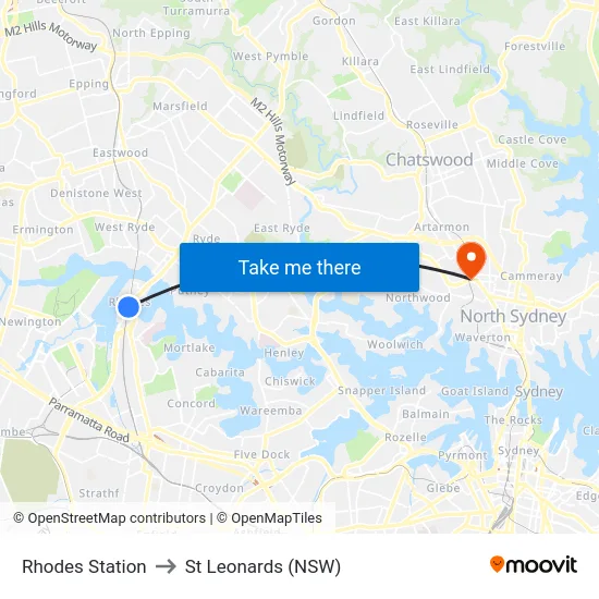 Rhodes Station to St Leonards (NSW) map