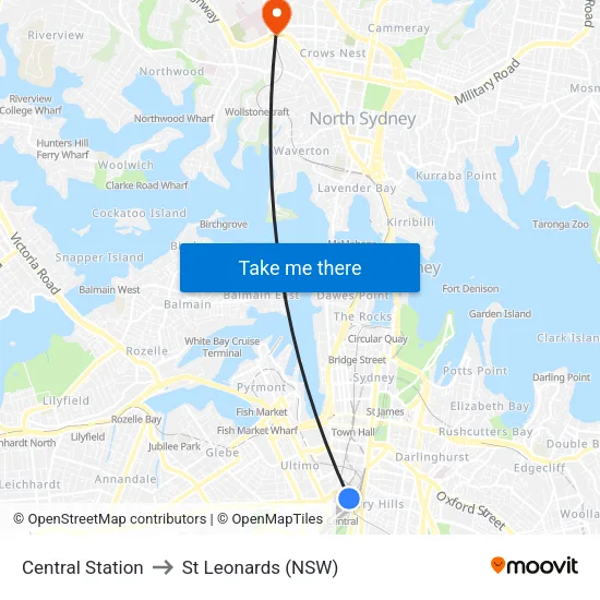 Central Station to St Leonards (NSW) map