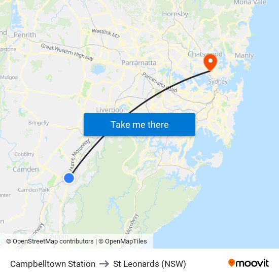 Campbelltown Station to St Leonards (NSW) map