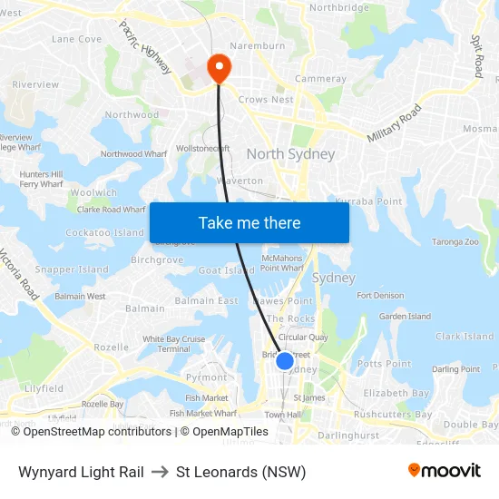 Wynyard Light Rail to St Leonards (NSW) map