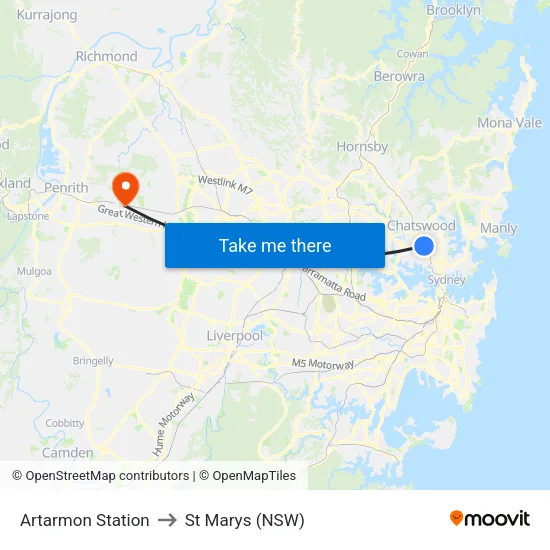 Artarmon Station to St Marys (NSW) map