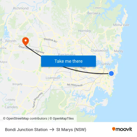 Bondi Junction Station to St Marys (NSW) map