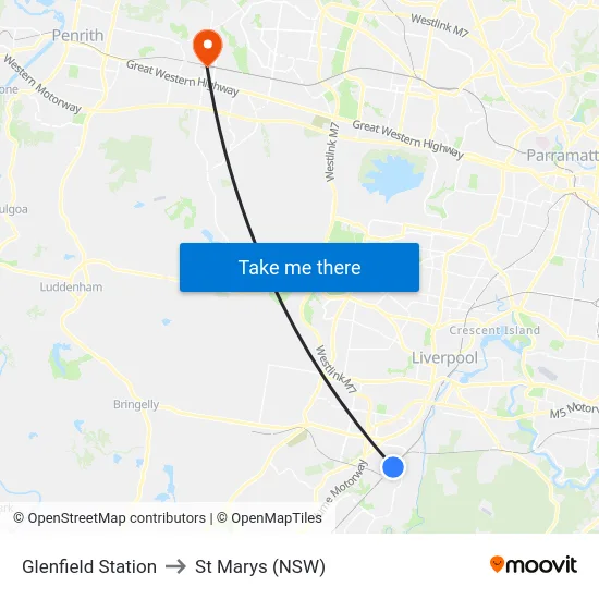 Glenfield Station to St Marys (NSW) map