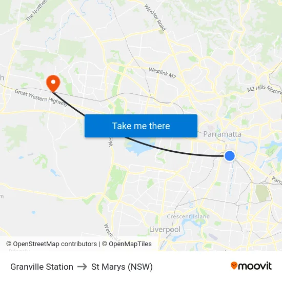 Granville Station to St Marys (NSW) map