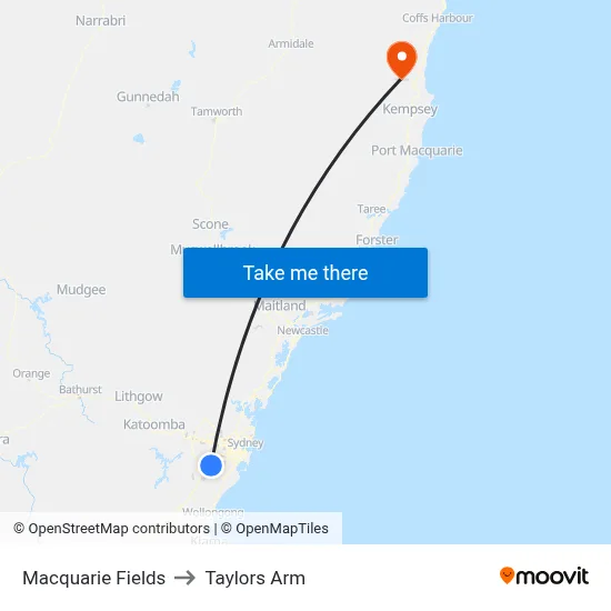 Macquarie Fields to Taylors Arm map