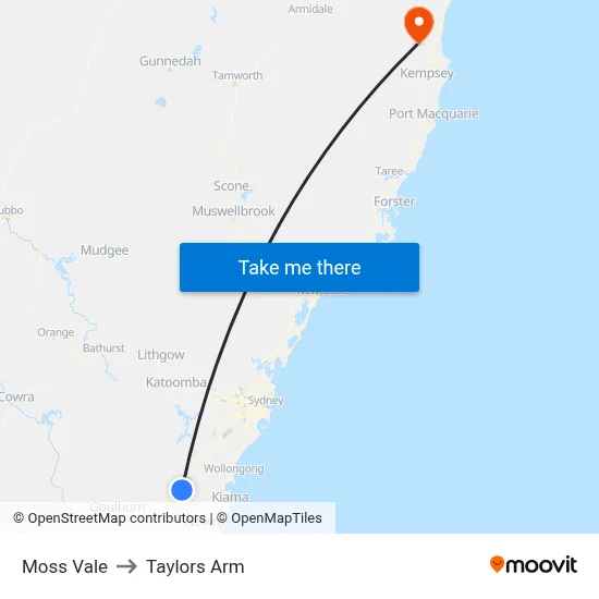 Moss Vale to Taylors Arm map