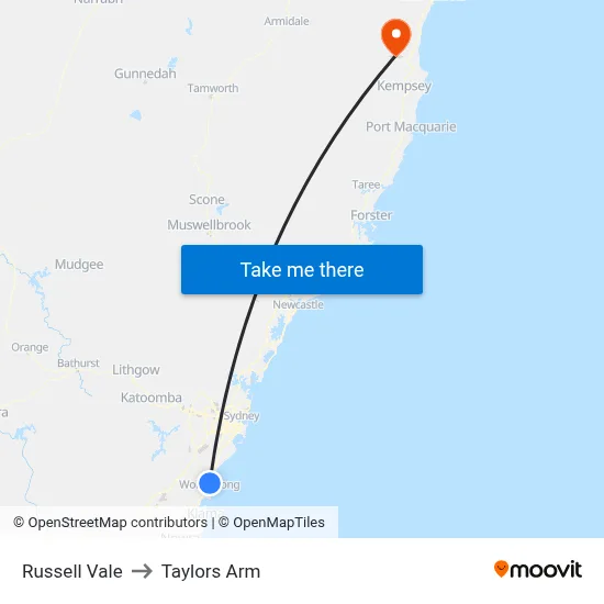 Russell Vale to Taylors Arm map