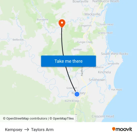 Kempsey to Taylors Arm map