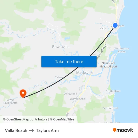 Valla Beach to Taylors Arm map