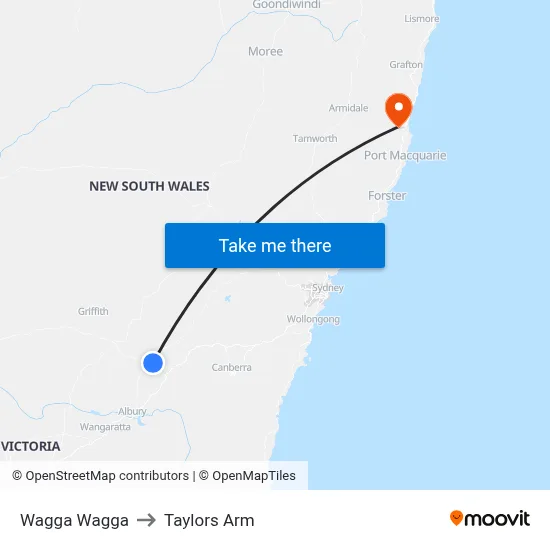 Wagga Wagga to Taylors Arm map