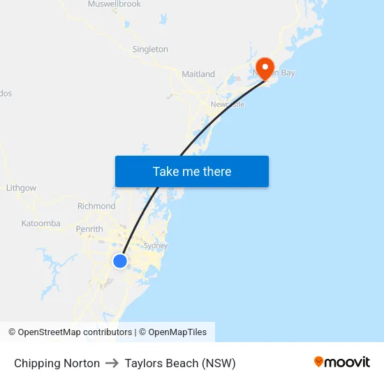 Chipping Norton to Taylors Beach (NSW) map