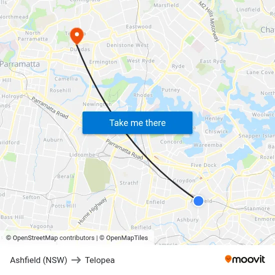Ashfield (NSW) to Telopea map