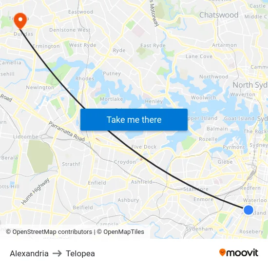 Alexandria to Telopea map
