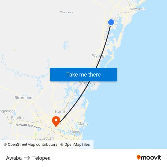 Awaba to Telopea map