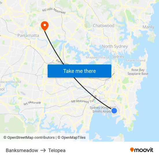 Banksmeadow to Telopea map