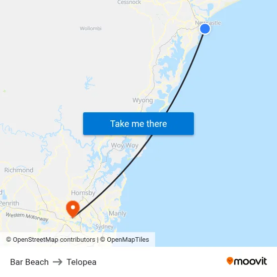 Bar Beach to Telopea map