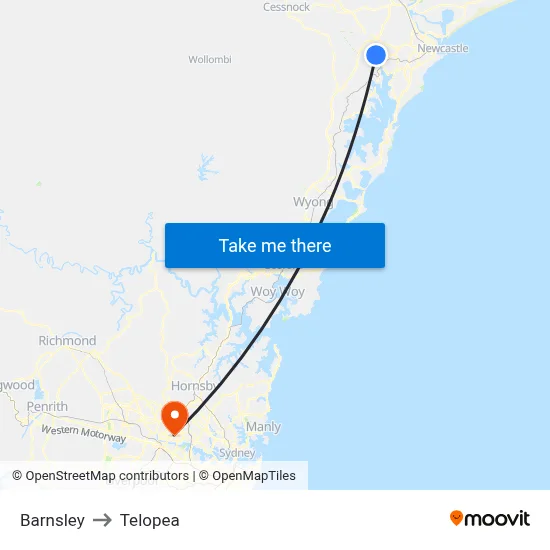 Barnsley to Telopea map