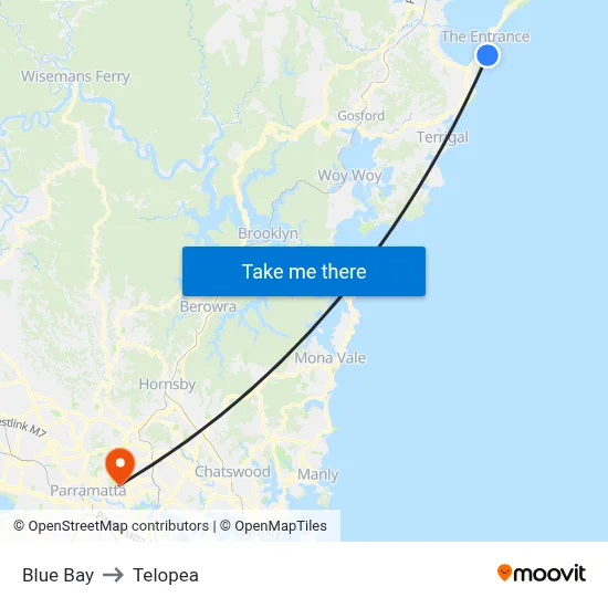 Blue Bay to Telopea map