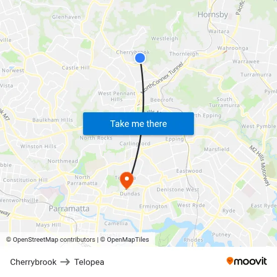 Cherrybrook to Telopea map