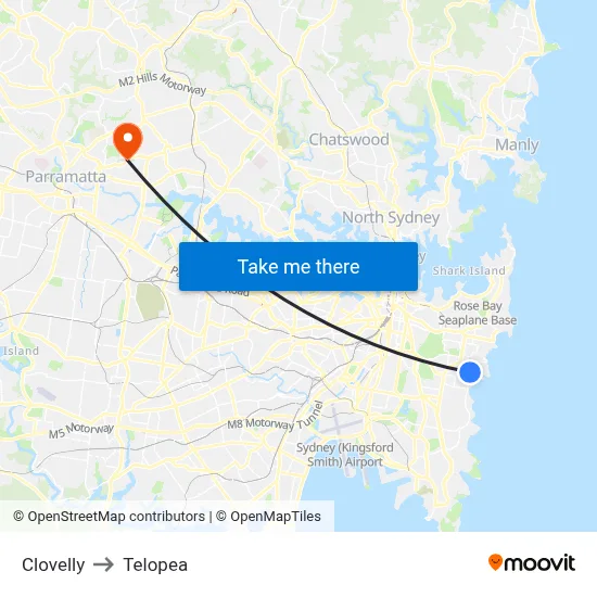 Clovelly to Telopea map