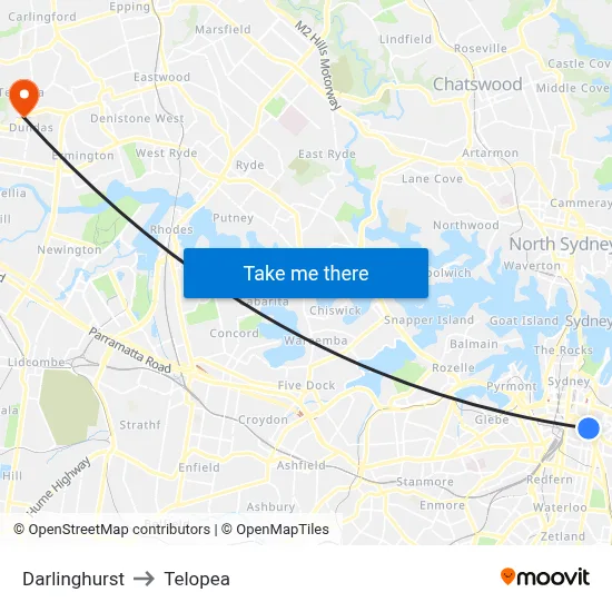 Darlinghurst to Telopea map