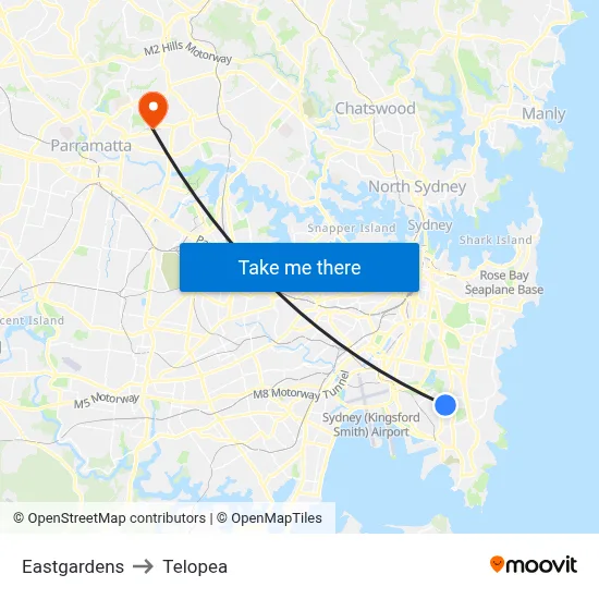 Eastgardens to Telopea map